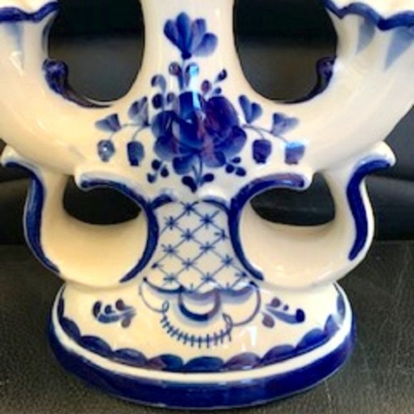 NEW Gzhel Porcelain Tri Candelabra Candlestick Handmade Signed Unique Imported - Picture 3 of 5